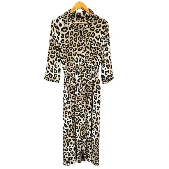 Banana Republic Dress Leopard Print Maxi Shirt Women 14 Classic Elegant Mobwife - Picture 2 of 12